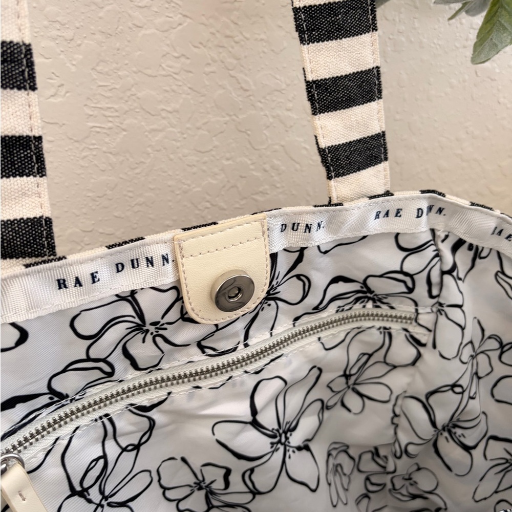 Rae Dunn Black White Striped Canvas Tote Bag Farmhouse Minimalist Shoulder Bag - Picture 11 of 13